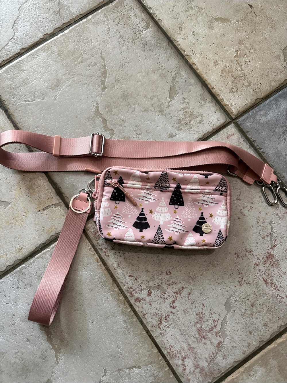 Gold Blush Duo wallet Pink Holiday Tree Print Crossbody Bag - Unbranded